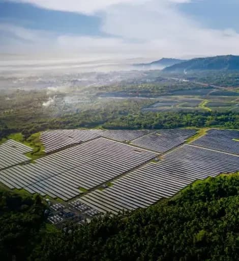 Aerial view of a large solar farm surrounded by forest